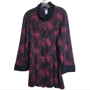 Yushi button front red black textured abstract print lightweight jacket size XL